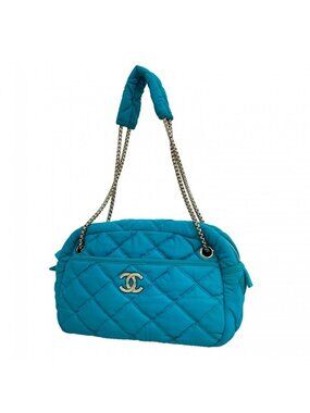 Chanel Shoulder Bag Quilted Nylon Light Blue Silver